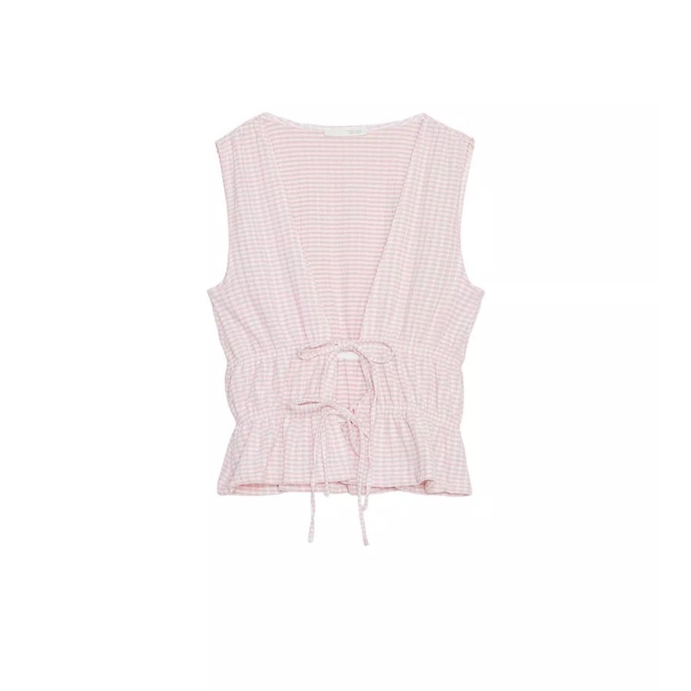 Pink Sleeveless Gingham Tie Top